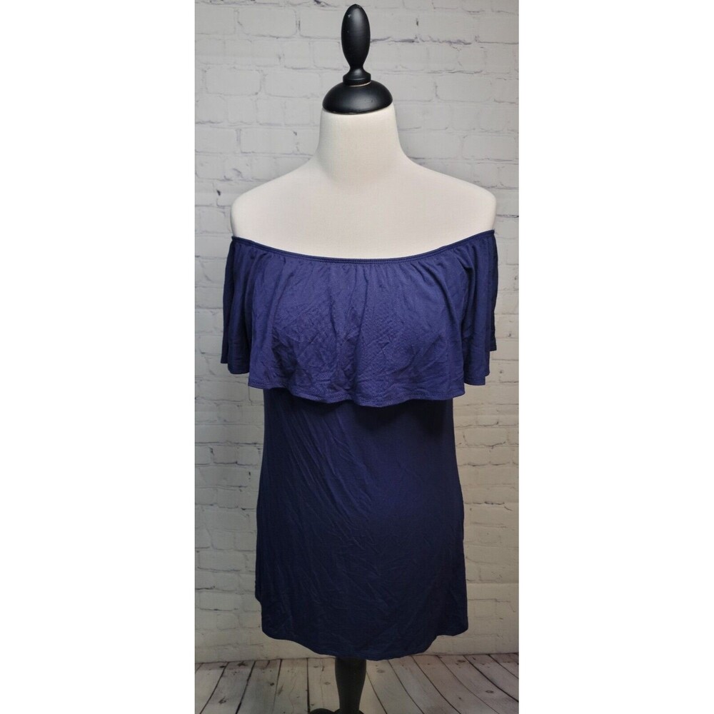 Lux & Co Women's Sm Off the Shoulder Top Blouse Tunic Blue Navy Stretch Ruffle
